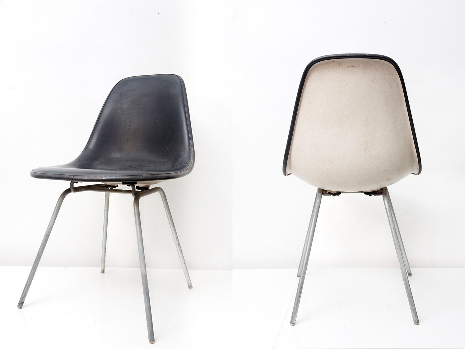 Vintage Black Leather Herman Miller Shell Chair - BrightWallVintage