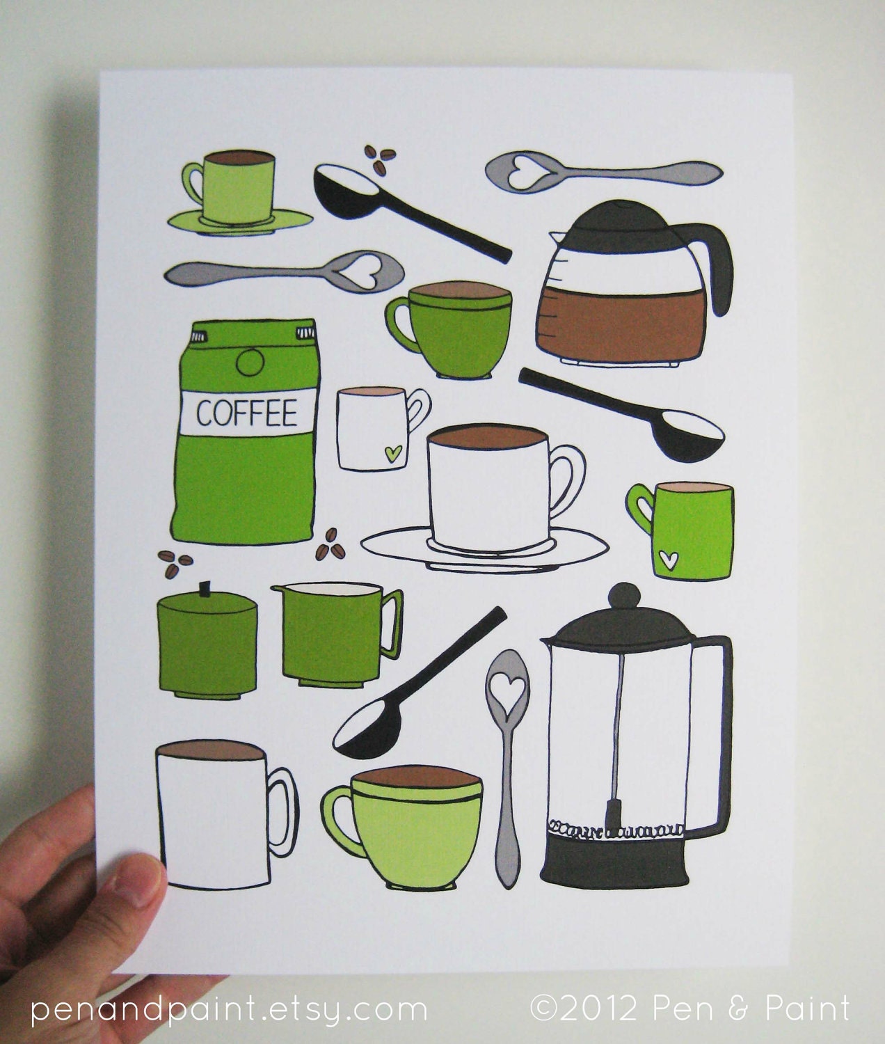 CHOOSE your color, Kitchen Art, Kitchen Decor, I love coffee, coffee lover, coffee cup, coffee pot, 8 x 10 Art Print