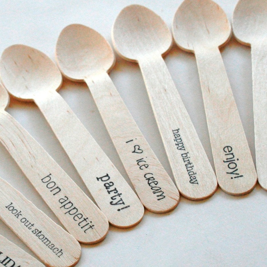 Disposable and Compostable Crafty Wooden Utensils - 125 Pieces - Eco Natural - Mix and Match Standard Logo or Phrase - USPS Express Mail