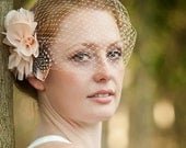 Veil, Bridal veil,Birdcage veil, Peach veil, Peach fascinator, Peach flower hair clip, Peach veil, birdcage veil, rustic wedding