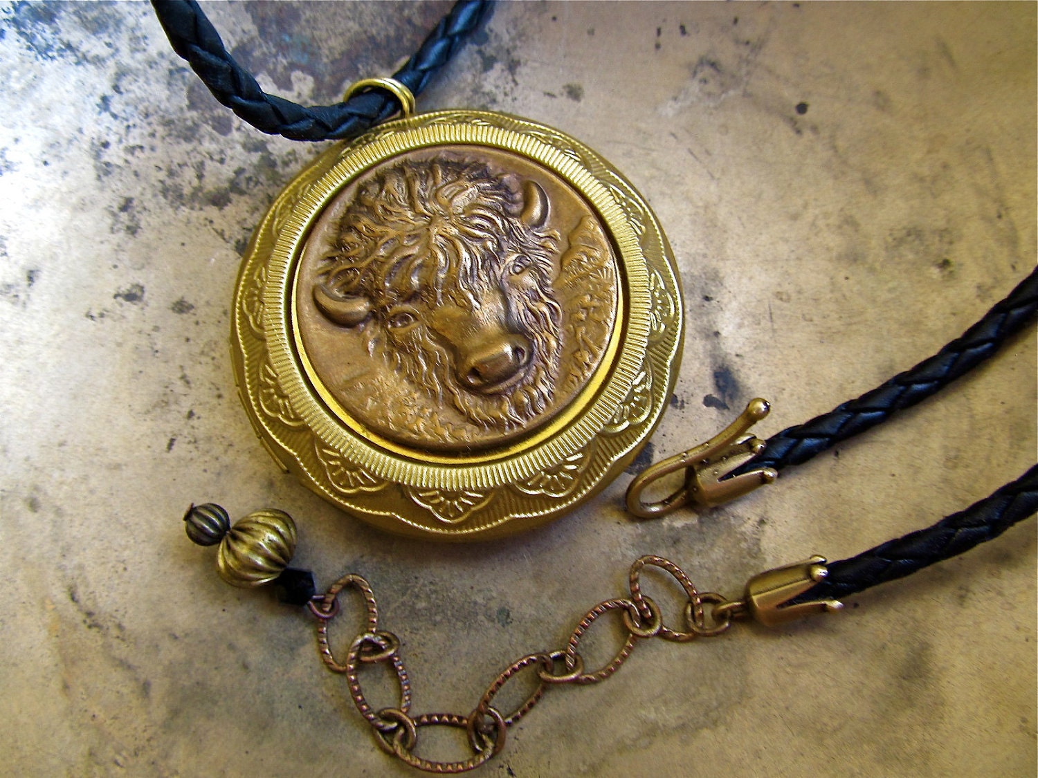 Buffalo Gal - Old West Locket Necklace in Leather and Brass