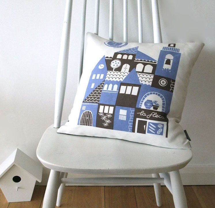 Siesta linen cushion in periwinkle blue and chocolate
