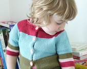 Girls Knitted Sweater - Colour Block Childrens Cardigan with vintage buttons - seamless cut - 3/4 sleeves - size 1-2 years - OOAK