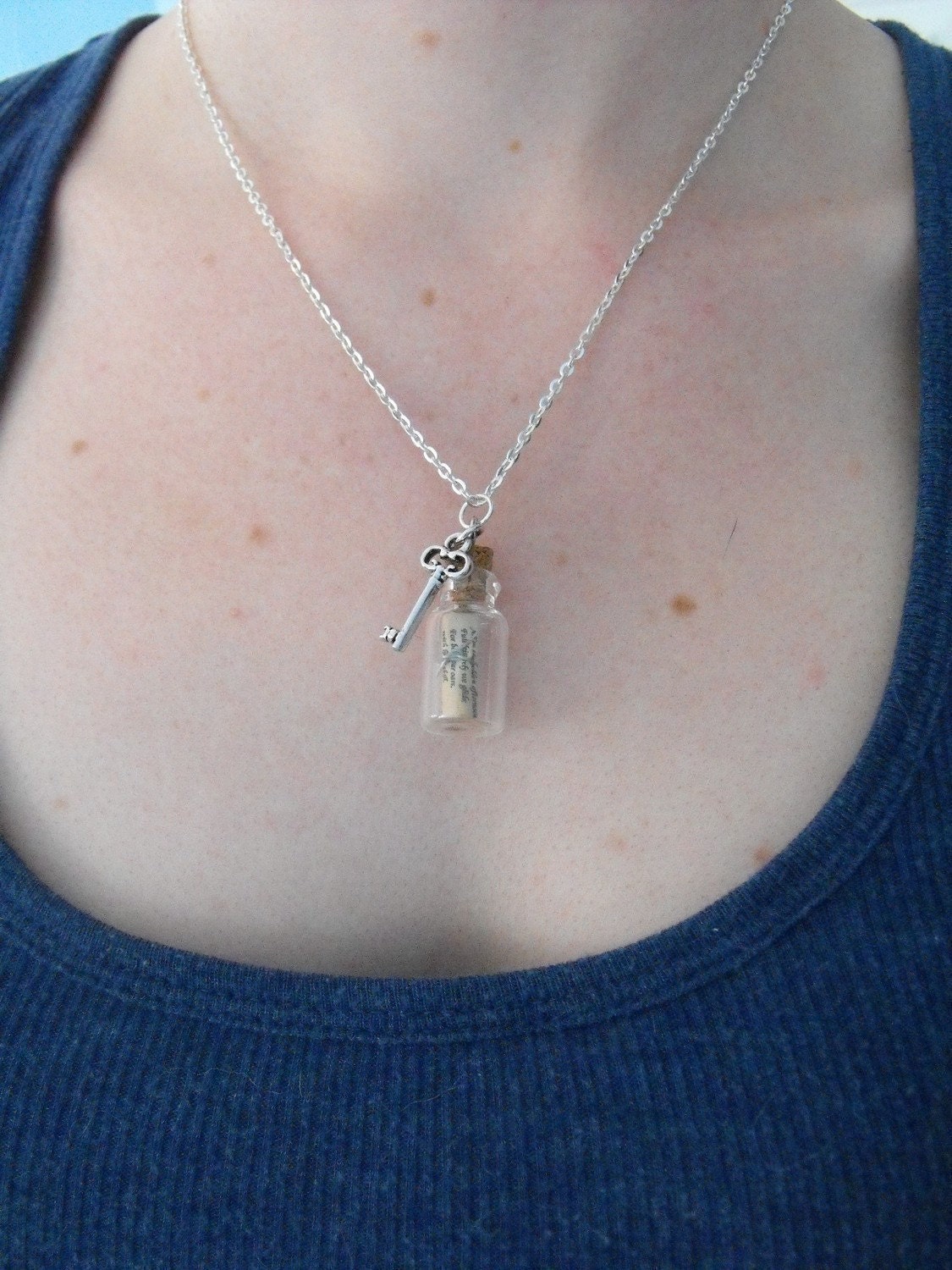 Alice in Wonderland Message in a Bottle Necklace with Key charm and Silver Chain