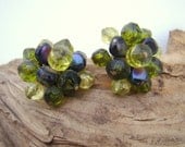 Vintage Glass / Crystal Cluster Earrings / Green and Blue / 1960s W. Germany