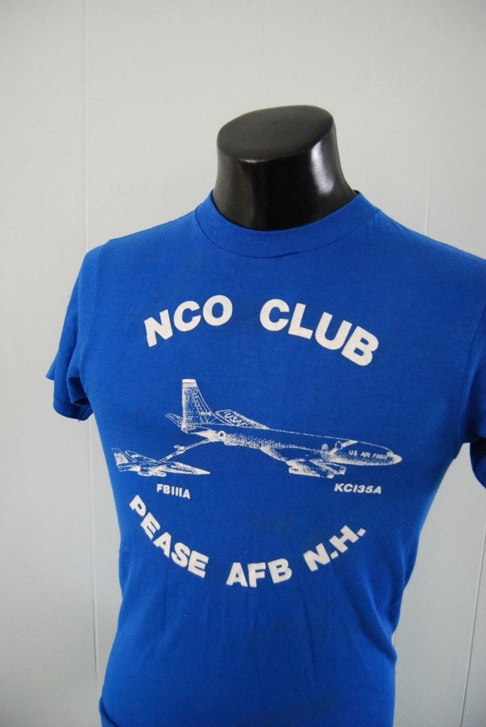 Vintage Military TShirt Air Force Base NH NCO Airplane Royal Blue SMALL