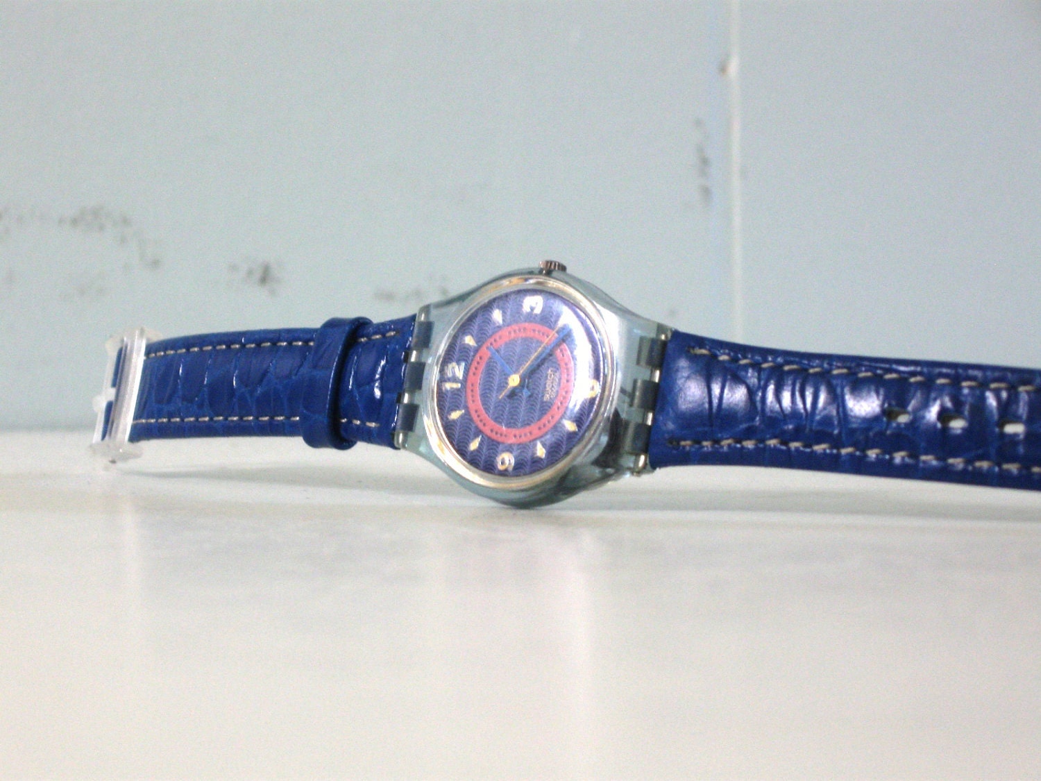 90s Swatch Watch Authentic Vintage Swiss Made Ladies Blue Gold WORKS