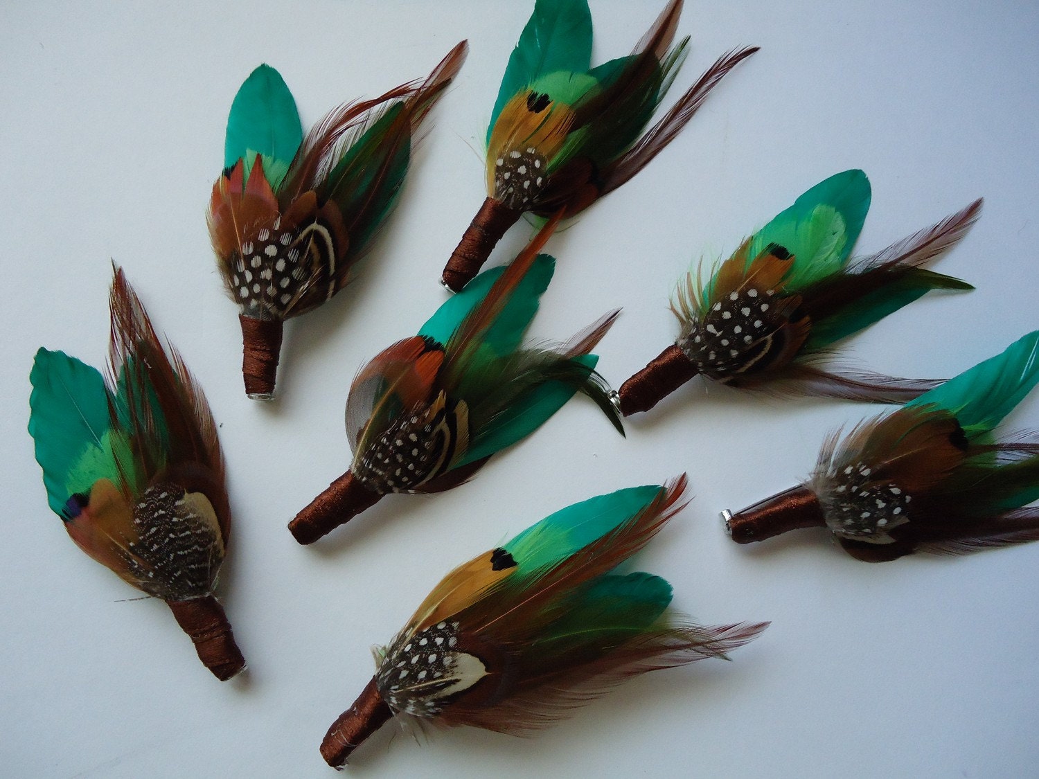 mens green feather boutonnieres - "green fawn"