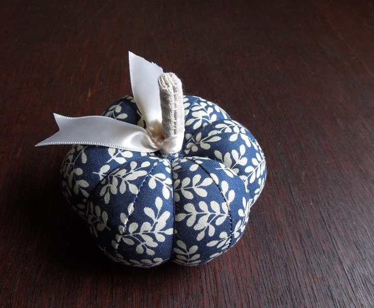 Pumpkin Pincushion Navy Blue and Cream Floral