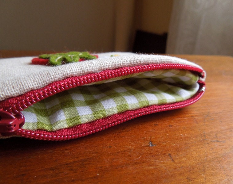 Summer Strawberry Hand Embroidered Zipper Pouch