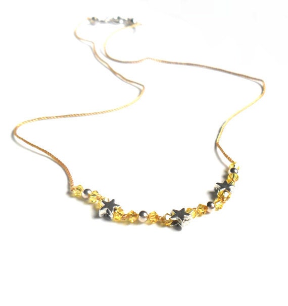 Simple necklace sterling silver beads silver stars crystals Everyday minimal jewelry - Daniblu