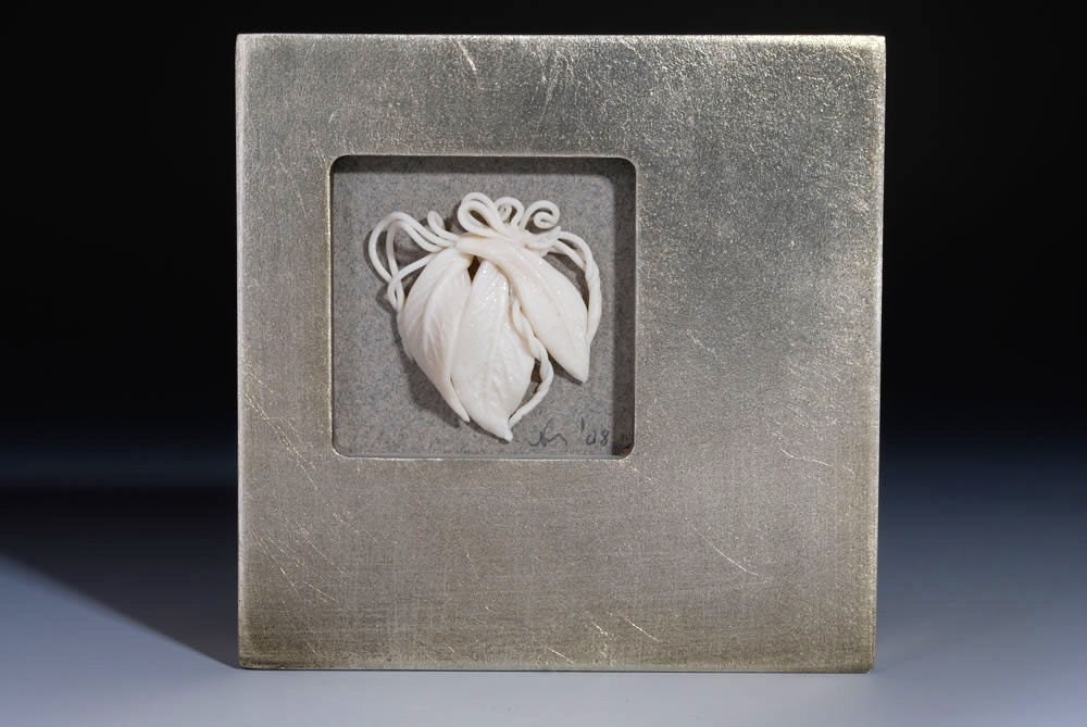Mixed Media Framed Art, 3d, White, Silver, Leaves, Hostess Gift