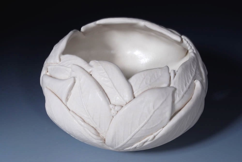 White Pottery Bowl -  Decorative Art - Leaf Texture - Modern -Contemporary- Porcelain - Ceramic Sculpture