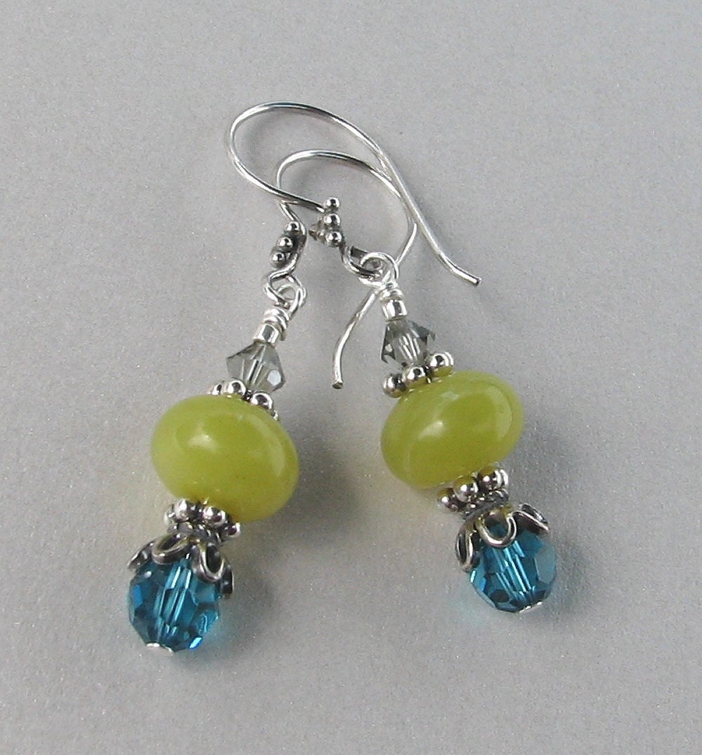 Peacock Blue Crystal and Olive Jade Earrings