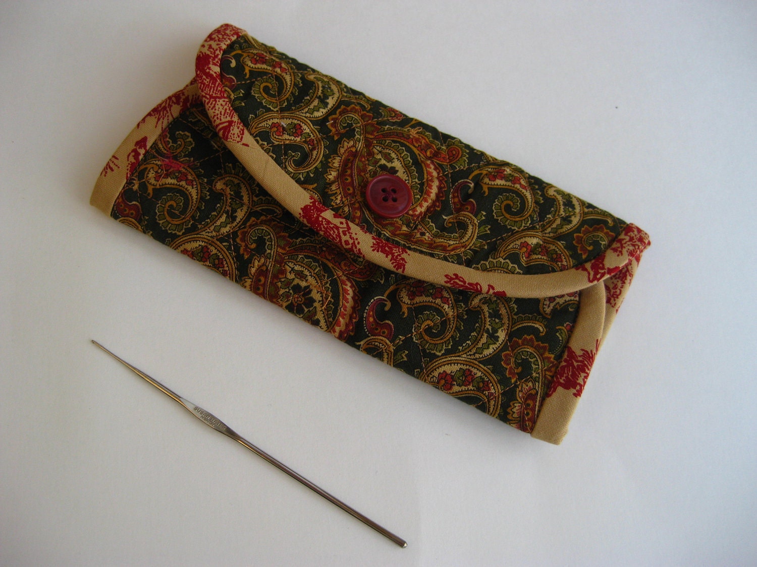 Crochet Hook Case - Green and Gold Paisley, quilted cotton tri fold storage carrying case for crochet hooks, reproduction fabrics