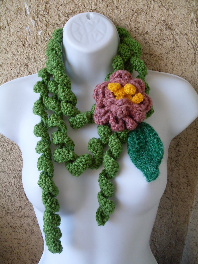 PATTERN (pdf file) -   Crochet  Green  Curly Scarf - Big Pink  flower  and  knit leaf   Number 31 Corkscrew Stitch scarf scarflette cowl