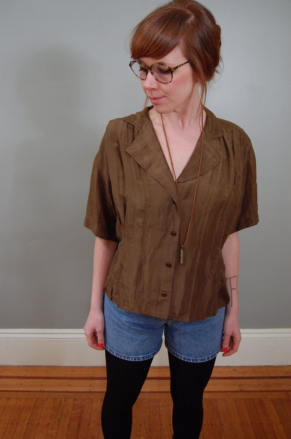 80's Chaus Olive Silk Slouchy Blouse, M/L