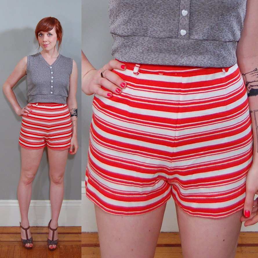 60's Cherry Red Candystriped Shorts, M