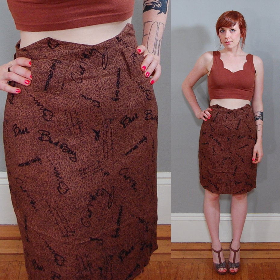 80's Lightweight Rust Brown Signature Scribble Print Pencil Skirt, L