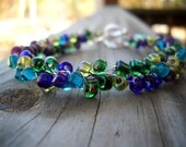 Hypoallergenic Adjustable beaded wire crochet bracelet blues, greens and purples plus size