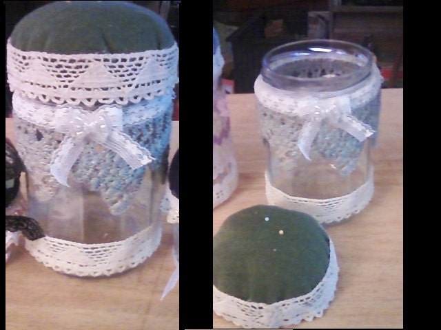 pincushion/Jar with Vintage lace