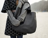 Black Oversized Leather Hobo Bag, Tote bag in black leather, croc like