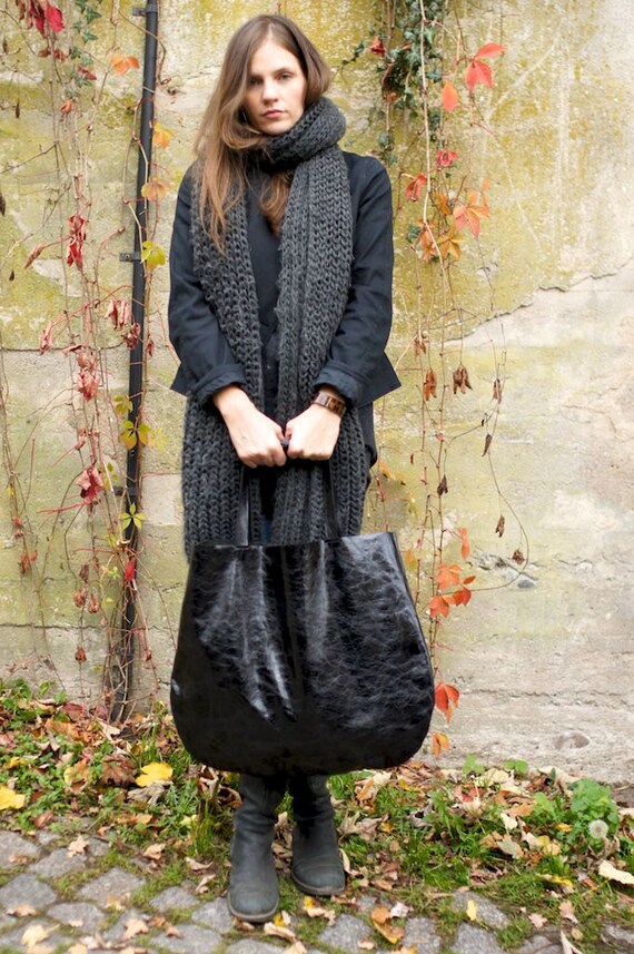 Black Oversized Leather Hobo Bag