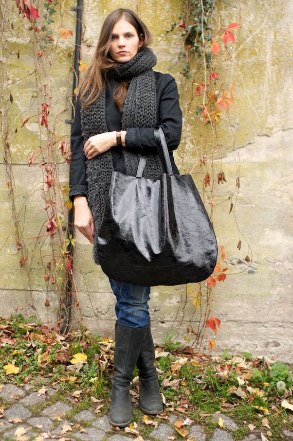 Black Oversized Leather Hobo Bag