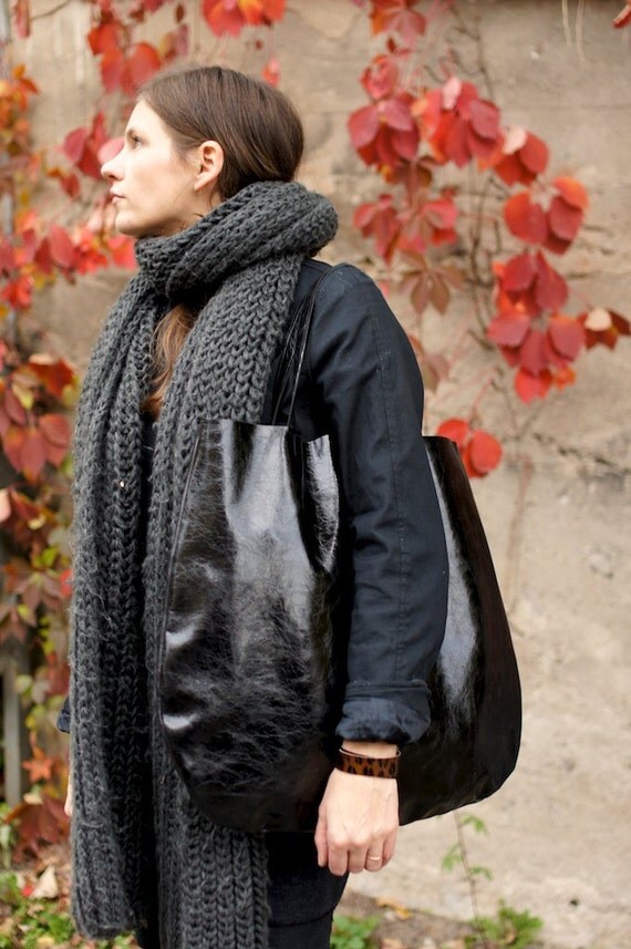 Black Oversized Leather Hobo Bag