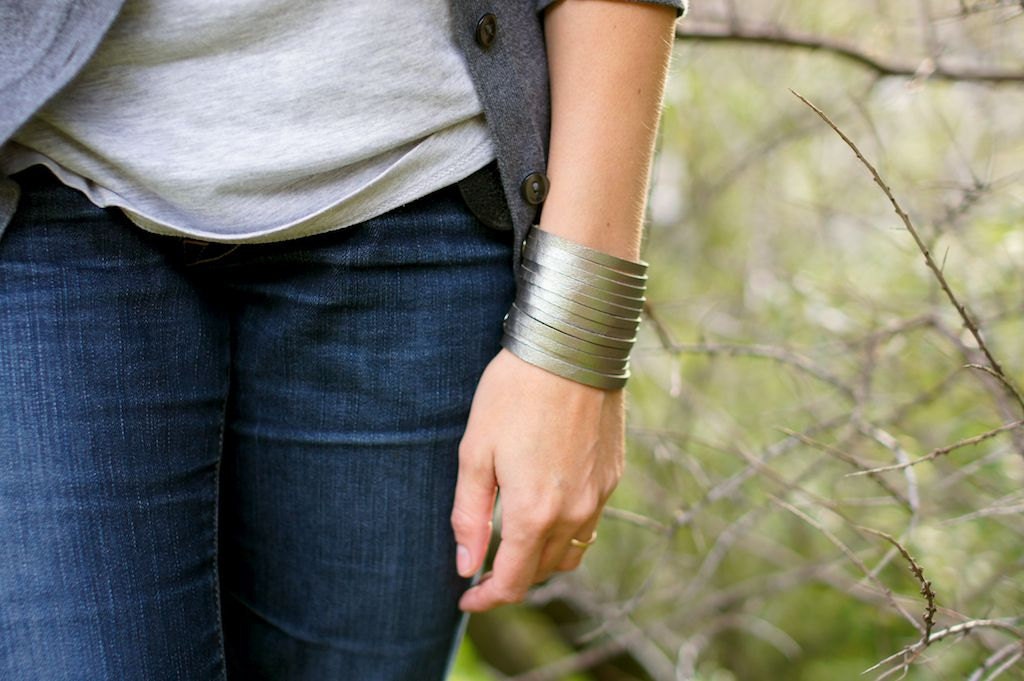 Silver Steel Leather  Wrist Wrap Bracelet