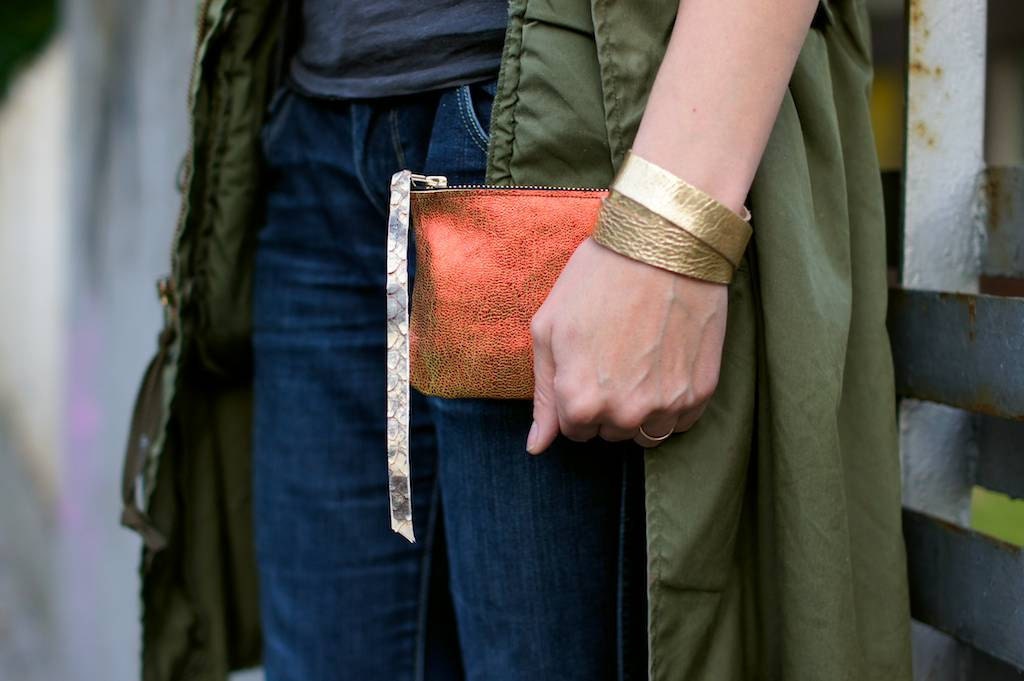 Orange Metalic Leather  Clutch 5 inch, coin purse