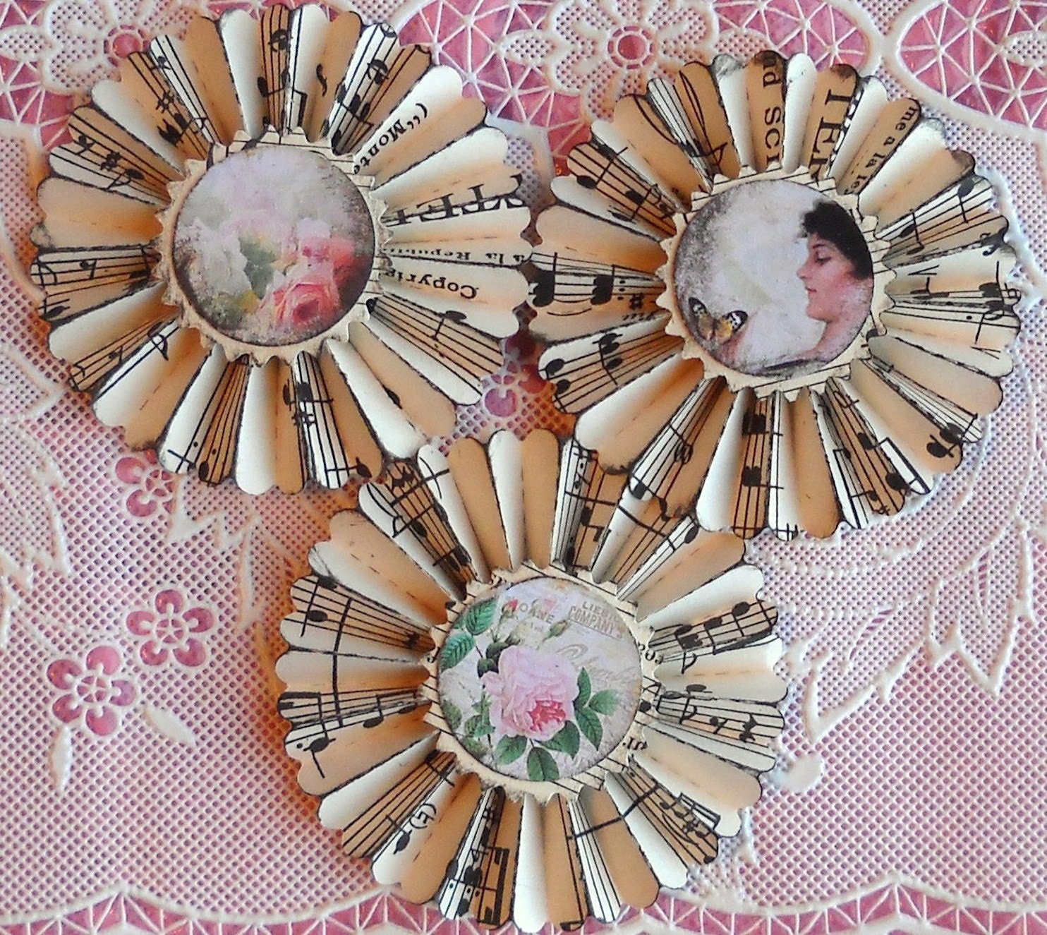 vintage music paper rosettes- The Garden- set of 3