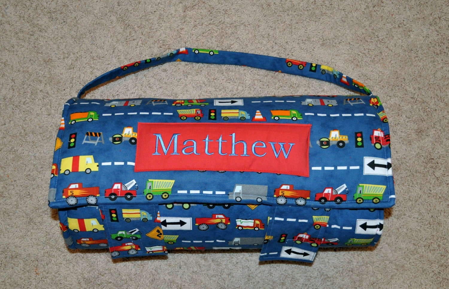 Nap Mat - Monogrammed Ten Little Things Navy Trucks Nap Mat with Red Double-sided Minky Blanket