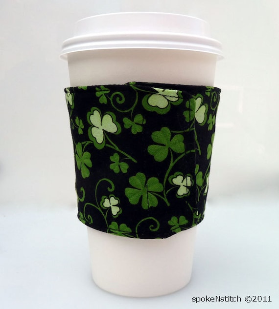 Reversible Coffee Sleeve Green Clovers Cup Cozy Lucky Shamrocks