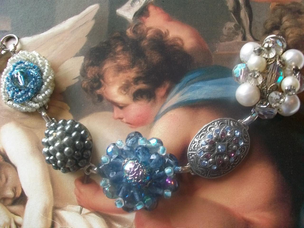 Something Blue OOAK Reclaimed Vintage Blue Pearl And Silver Cluster Earring Wedding  Bracelet, Statement Bridesmaid Gift