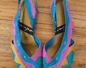 Vintage Flats Sandals Pink Multicolor Slingback Hot Pink Turquoise Mustard Yellow Size 6.5
