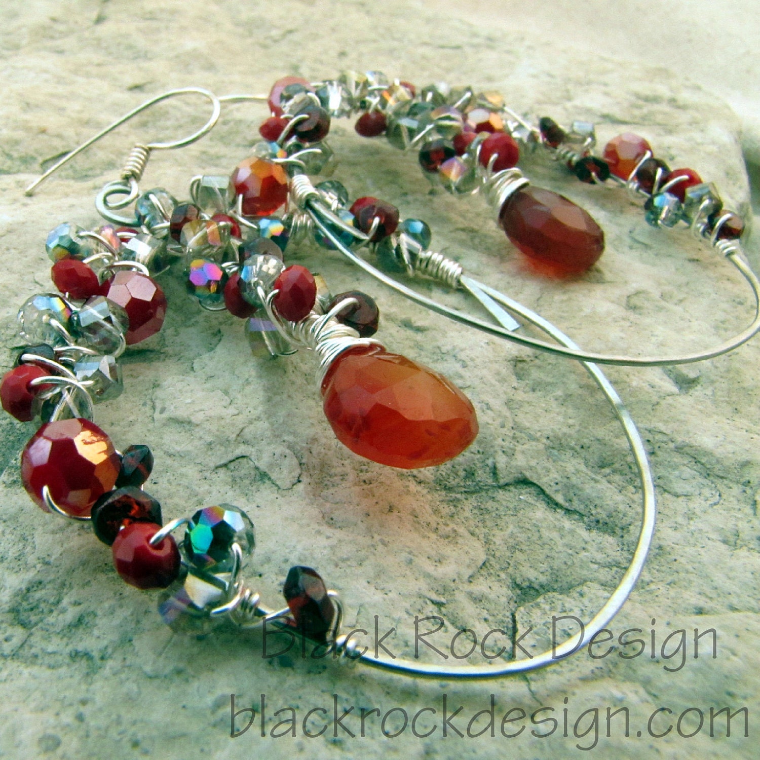 Hammered Steel Hoop Earrings with Chalcedony, Ruby Quartz and Crystals "Moonlight"