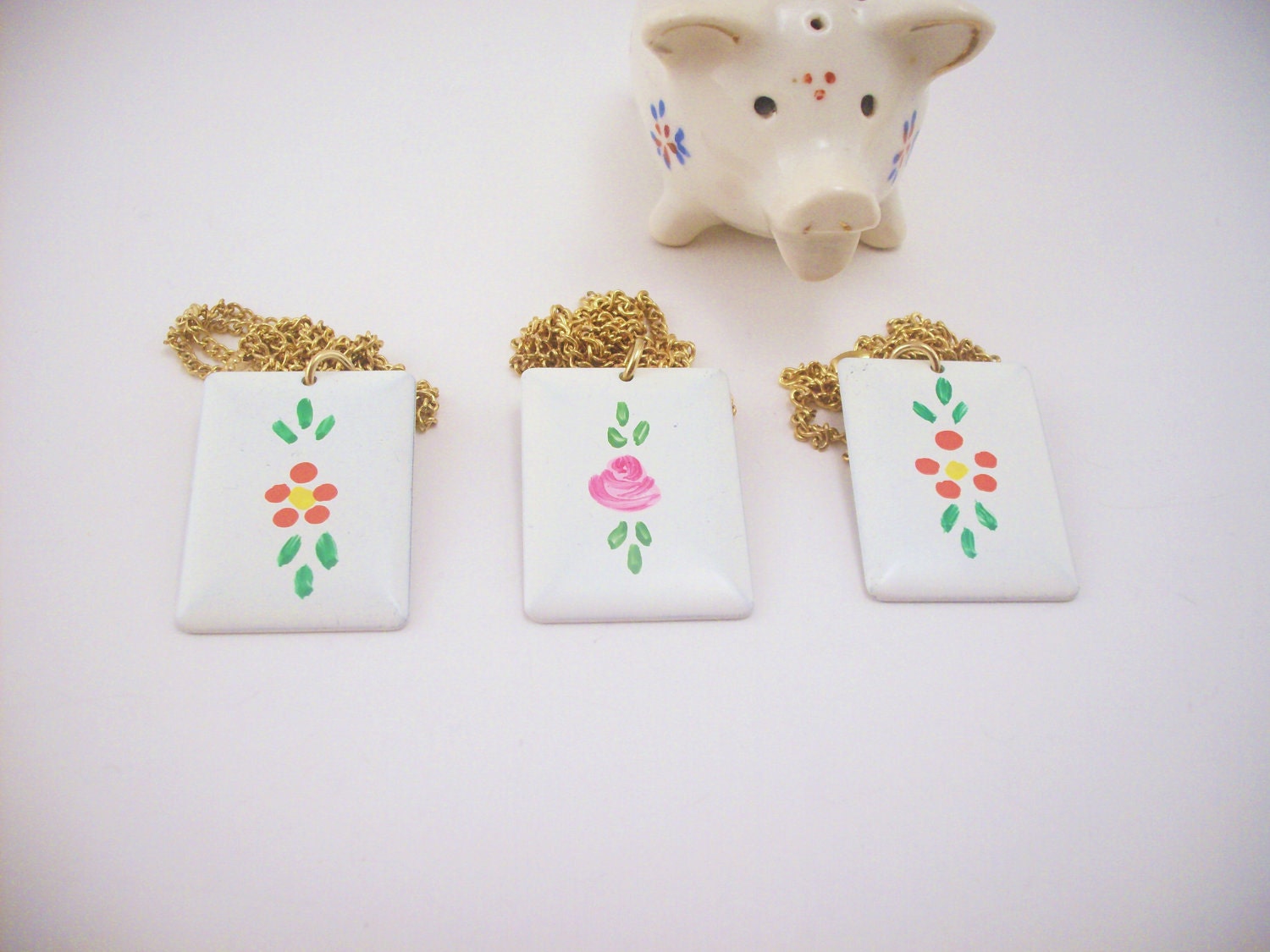 Vintage best friend necklaces. Set of three. White panel charms with hand painted flowers. Gift for best friend.