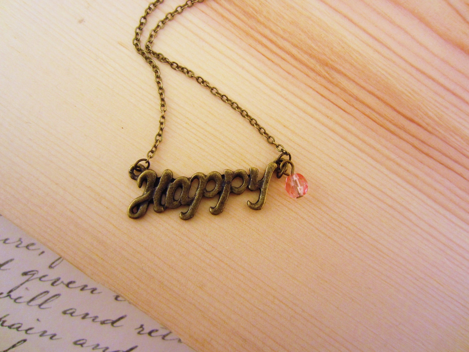 Bronze happy necklace. Custom color. Affordable best friend gift. Antiquated gold toned.