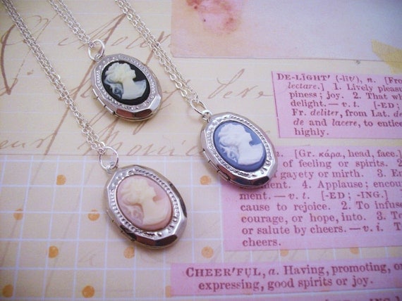 LAST ONE. One cameo locket necklace in your choice of pink or blue. Everyday wear jewelry. Silver. Victorian. For a classic woman.