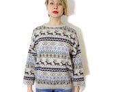 Vintage sweater / deer fair isle gray brown purple green knit / size L - nemres