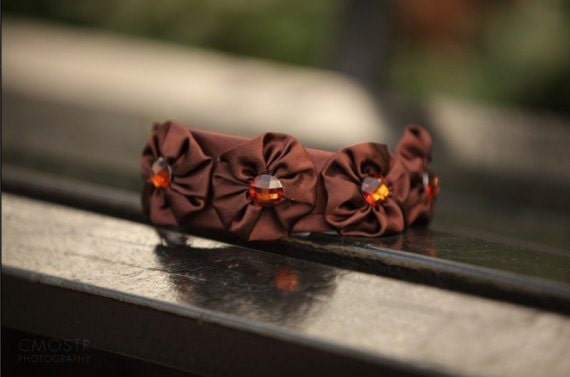 Natural Hair Headband Brown Jewel Satin Rosettes