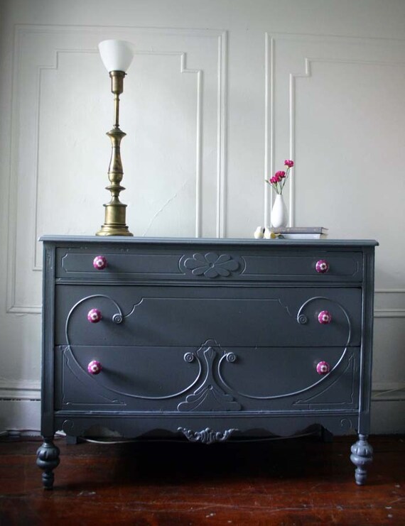 RESERVED - SALE - Gray Dresser with Plum Knobs (Brooklyn)