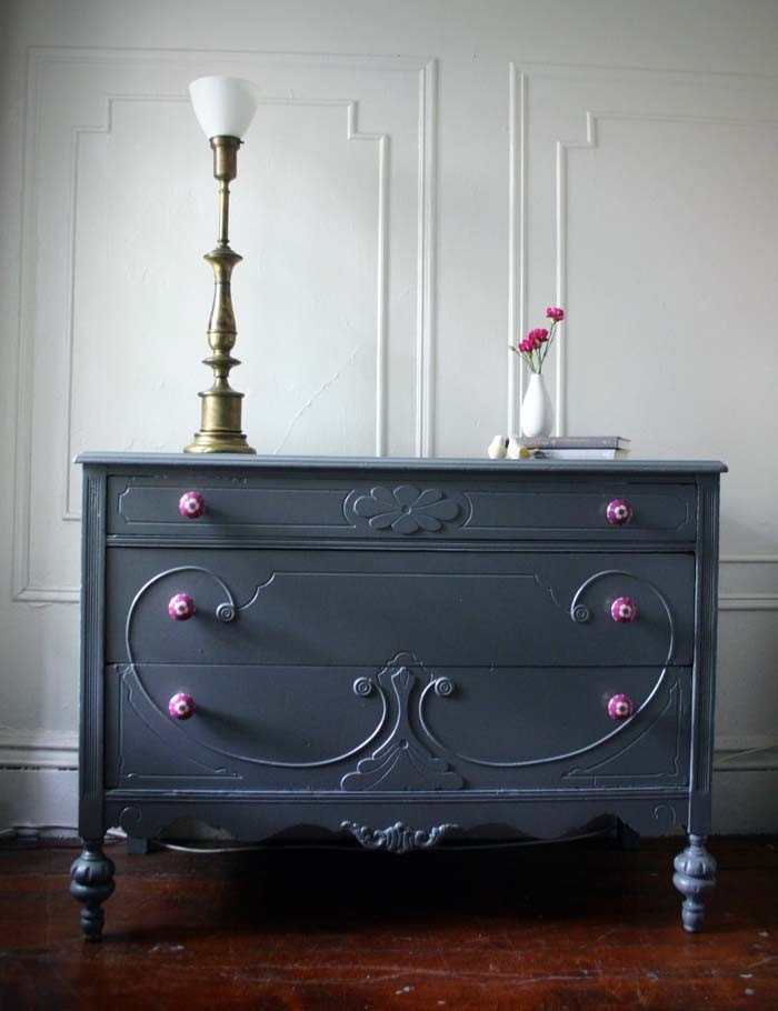 RESERVED - SALE - Gray Dresser with Plum Knobs (Brooklyn)