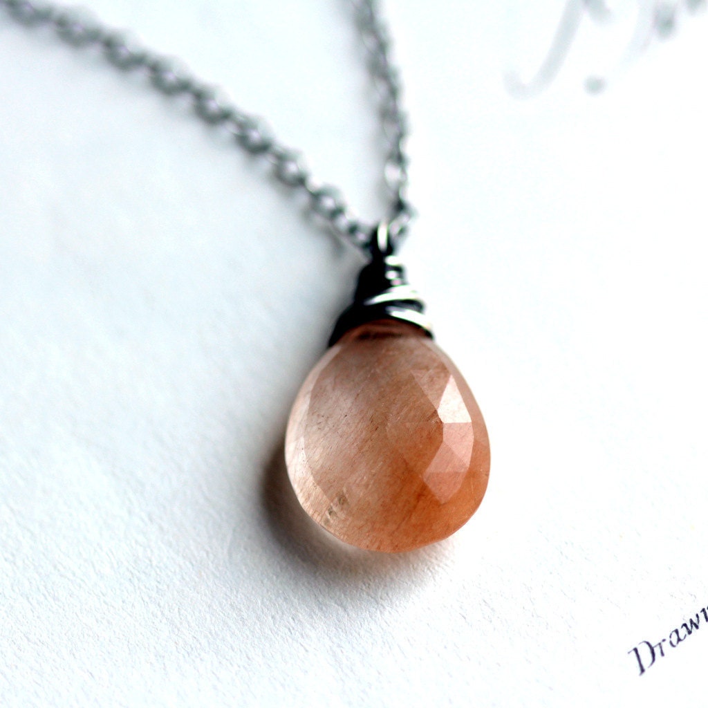 Peach Ombre Necklace Copper Rutilated Quartz Wire Wrapped in Sterling Silver Modern Fashion