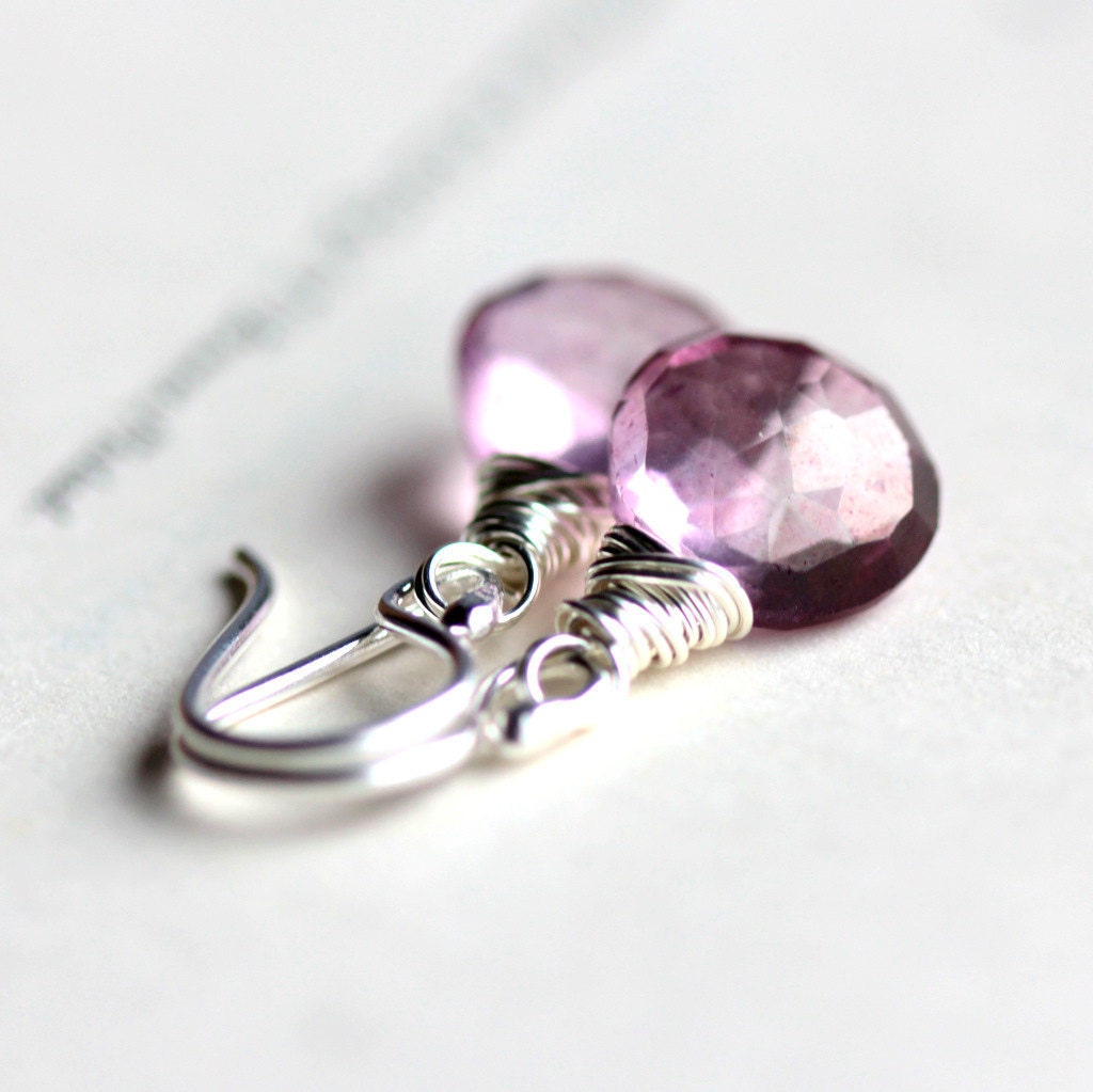 Pink Gemstone Earrings, Wire Wrapped Mystic Pink Quartz with Sterling Silver - Petal Pink Pastel