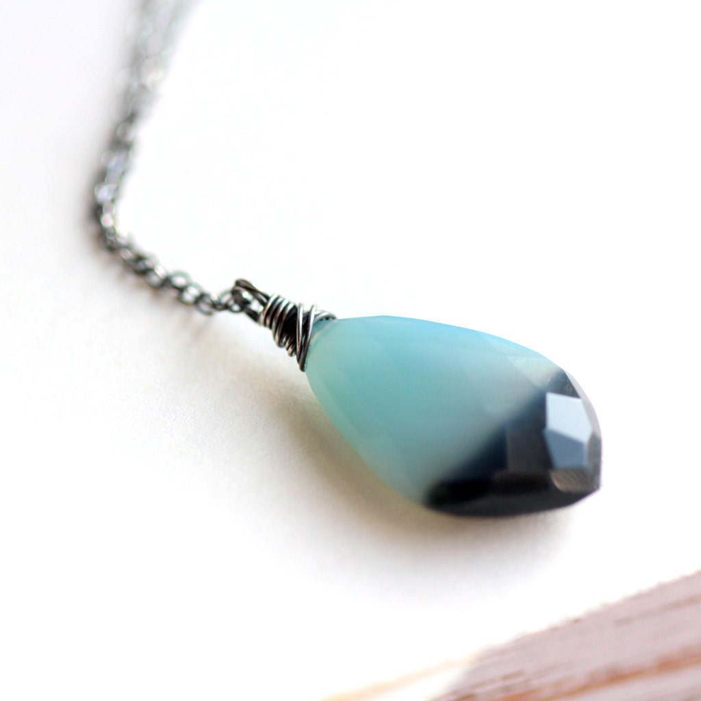 Ombre Necklace - Blue and Black Chalcedony Pendant on Sterling Silver Chain Modern Fashion