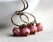 Pink Beaded Earrings with Fuschia Pink Czech Glass Beads and Small Hoops - Strawberry Swirl