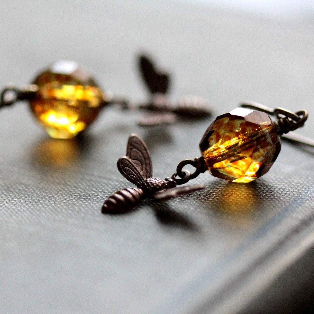 Honey Bee Earrings with Golden Czech Glass Beads - Honey Bee Summer Fashion Garden