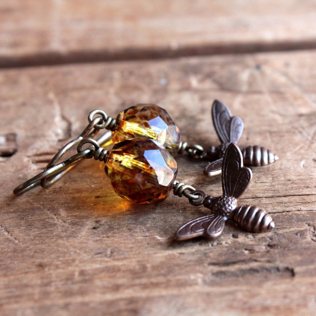 Honey Bee Earrings with Golden Czech Glass Beads - Honey Bee Summer Fashion Garden